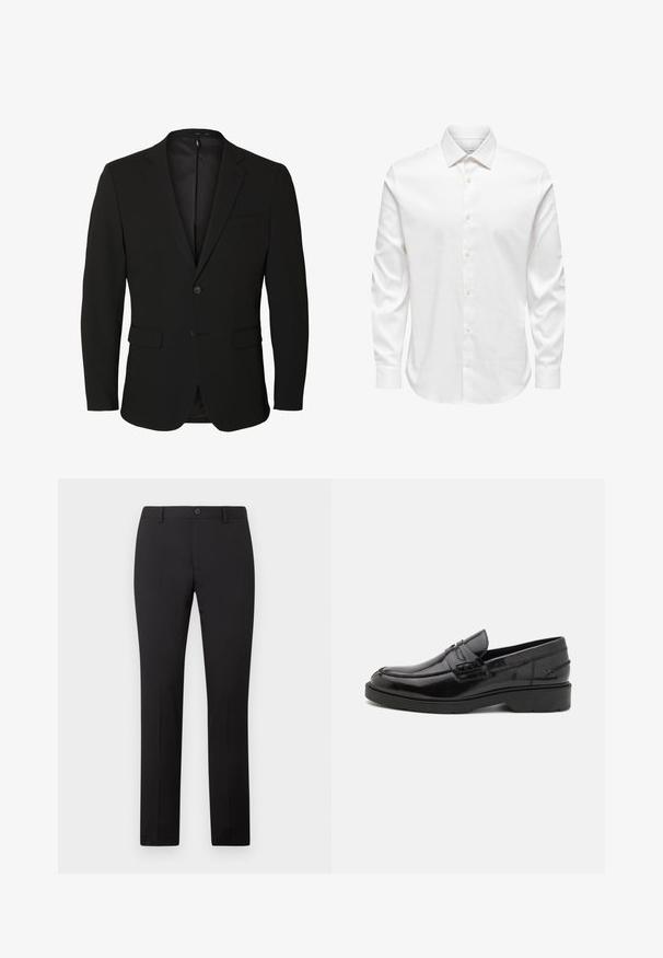 Blazer negro de hombre de un solo pecho con solapas con muesca, dos bolsillos delanteros con solapa, un bolsillo en el pecho y dos botones.; Camisa de vestir blanca para hombre de manga larga con cuello puntiagudo y fila frontal de botones blancos sobre un fondo liso.; Pantalones negros a medida con diseño de pierna recta, con cierre de botón y trabillas para cinturón. Hechos de tela suave sin patrones visibles.; Mocasines de cuero negro con un acabado suave, punta redondeada, tacón bajo y costura decorativa en la parte delantera. Suela de goma para mayor agarre.