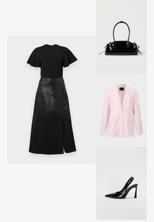 Blazer rose clair pour femmes avec fines rayures verticales, revers crantés, une seule boutonnière et deux poches à rabat à l'avant.; Robe noire avec des manches courtes flottantes, un corsage ajusté et une longue jupe en simili cuir avec une couture asymétrique et une fente à l'avant.; Escarpin en cuir verni noir à talon aiguille, à bout pointu, avec une sangle élastique double pour un maintien sécurisé. Surface lisse et brillante.; Petit sac à main noir brillant avec deux longues anses et des détails à cordon sur les côtés sur un fond clair uni.