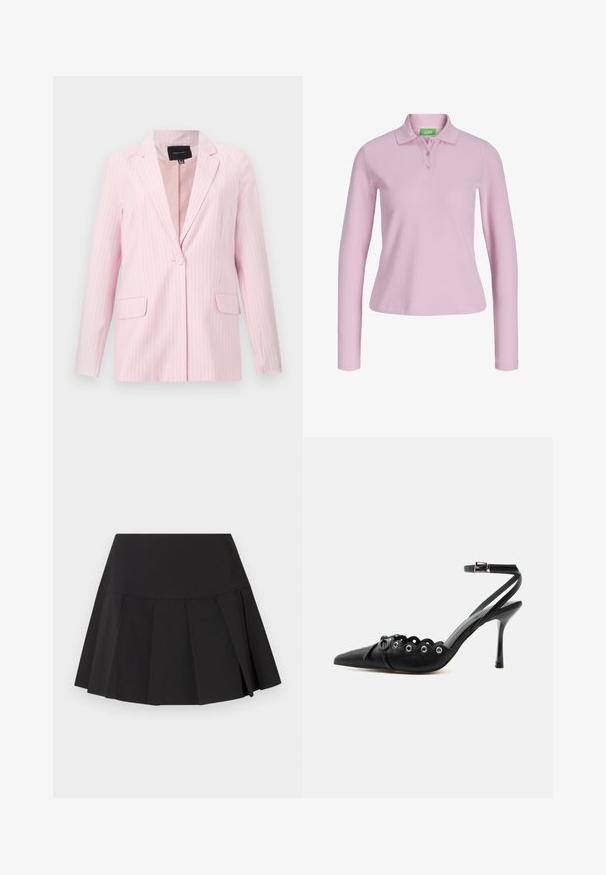 Blazer rose clair pour femmes avec fines rayures verticales, revers crantés, une seule boutonnière et deux poches à rabat à l'avant.; Polo à manches longues, rose clair, côtelé, avec col et trois boutons, présenté sur fond blanc.; Mini-jupe plissée noire avec une large ceinture, des plis verticaux espacés uniformément et un ourlet légèrement évasé.; Chaussure à talon haut noire à bout pointu, bords festonnés, œillets métalliques, lacets à l'avant et bride de cheville avec fermeture à boucle.