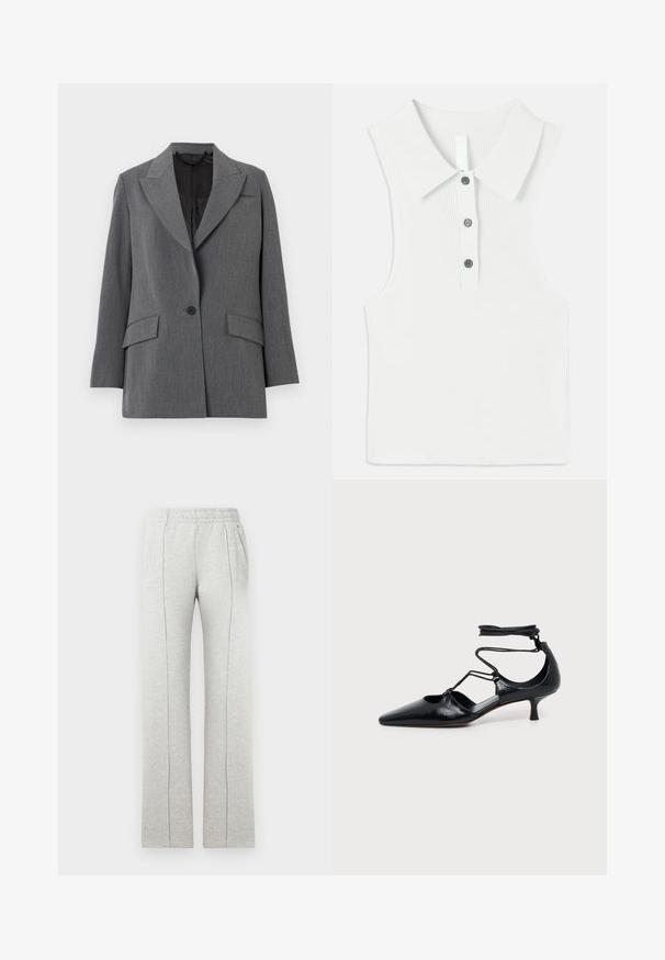 Blazer gris avec un tissu texturé, col à crans, deux poches avant, fermeture à un bouton et doublure intérieure noire.; Haut blanc sans manches avec une texture côtelée, doté d'un col classique et d'une patte de boutonnage à trois boutons avec des boutons contrastants.; Pantalon de survêtement gris en mélange de coton doux, avec une taille élastique, des poches latérales et des détails de coutures verticales sur l'avant des jambes.; Chaussure noire à bout pointu et talon kitten avec brides autour de la cheville et détails découpés sur les côtés, présentée sur un fond uni clair.