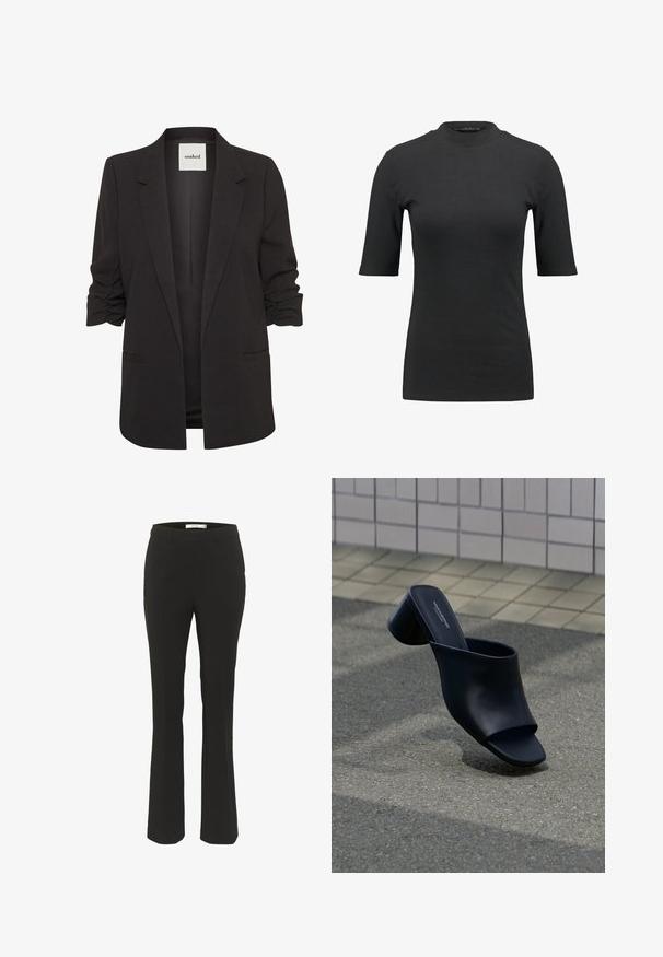 Sort åben-front blazer med rynkede trekvartærmer, notch revers og to forlommer med paspoler, mærket "soaked" indeni kraven.; Sort ribbet t-shirt med høj hals og korte ærmer. Glat, tætsiddende design uden mønstre eller synlige hardwaredetaljer.; Sorte skræddersyede bukser med slim fit, flagrende bund, glat front og ingen synlige lommer. Fremstillet af glat stof med minimale sømme.; Sort læder åben tå mule med blok hæl, placeret på asfalt nær flisebelagt overflade.