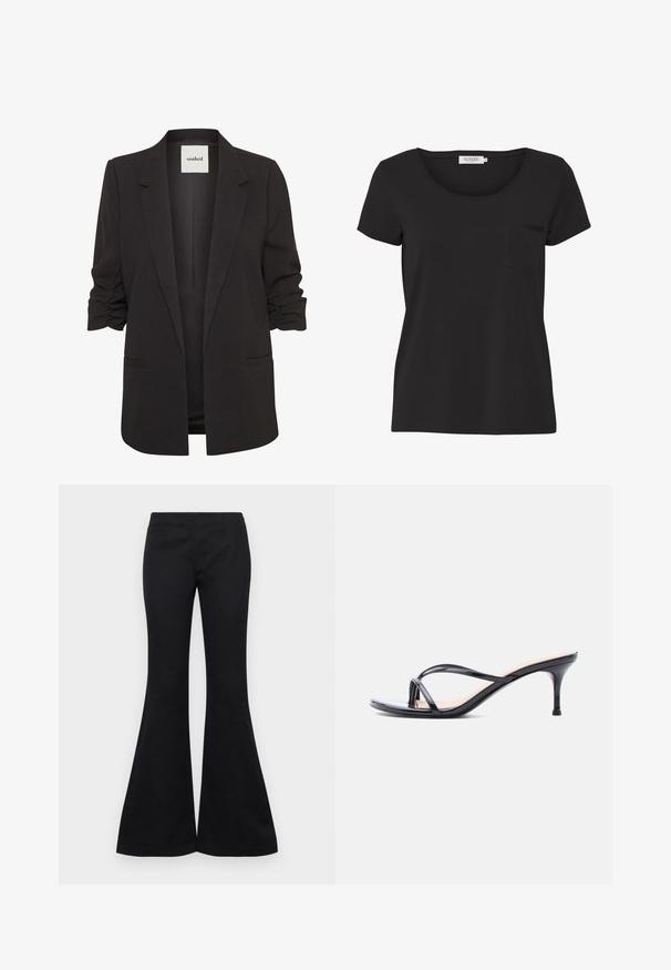 Sort åben-front blazer med rynkede trekvartærmer, notch revers og to forlommer med paspoler, mærket "soaked" indeni kraven.; Sort kortærmet t-shirt lavet af blødt stof, udstyret med en rund halsudskæring og en lille brystlomme på venstre side.; Sorte flare bukser lavet af et glat stof, med en tætsiddende top og brede ben, uden synlige udsmykninger eller lommer.; Sort laklædersandal med hæl, tynde krydsede remme og en slank mellemhøj stilethæl på en hvid baggrund.