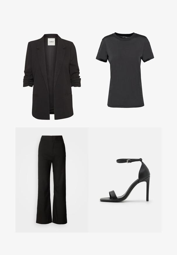 Sort åben-front blazer med rynkede trekvartærmer, notch revers og to forlommer med paspoler, mærket "soaked" indeni kraven.; Sort kortærmet t-shirt lavet af glat stof. Har en rund halsudskæring uden synlige mønstre eller detaljer, hvilket giver et enkelt design.; Sorte bukser med bred benvidde, glat tekstur, høj talje og et enkelt design. Ingen synlige lommer eller udsmykninger.; Sort højhælet sandal med et sleek design, der har en ankelrem, åben tå og glat lædertekstur.