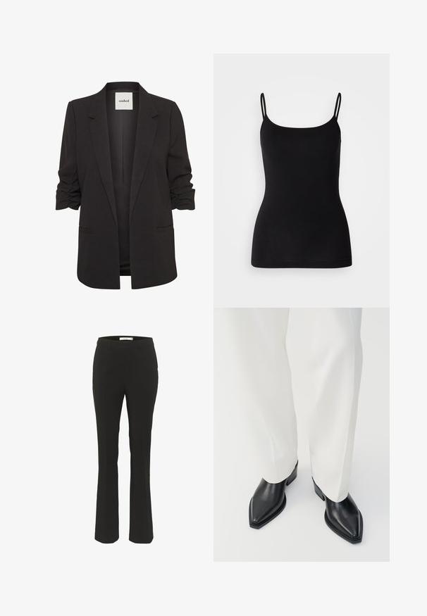 Sort åben-front blazer med rynkede trekvartærmer, notch revers og to forlommer med paspoler, mærket "soaked" indeni kraven.; Sort camisole-top med tynde justerbare stropper, glat elastisk stof og en tæt silhuet. Ingen mønstre eller pynt.; Sorte skræddersyede bukser med slim fit, flagrende bund, glat front og ingen synlige lommer. Fremstillet af glat stof med minimale sømme.; Sorte spidse ankelstøvler med en glat læderoverflade, lave blokhæle, og parret med hvide brede bukser. Enkel og moderne design.