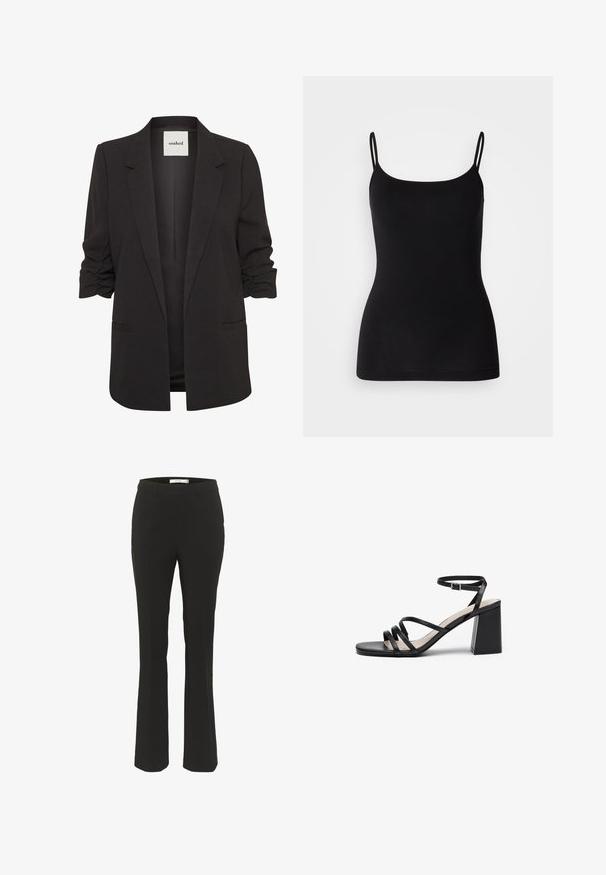 Sort åben-front blazer med rynkede trekvartærmer, notch revers og to forlommer med paspoler, mærket "soaked" indeni kraven.; Sort camisole-top med tynde justerbare stropper, glat elastisk stof og en tæt silhuet. Ingen mønstre eller pynt.; Sorte skræddersyede bukser med slim fit, flagrende bund, glat front og ingen synlige lommer. Fremstillet af glat stof med minimale sømme.; Sorte hæle sandaler med flere tynde stropper, firkantet tå og blokhæl, med en justerbar ankelrem. Glat lædertekstur.