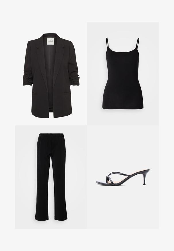 Sort åben-front blazer med rynkede trekvartærmer, notch revers og to forlommer med paspoler, mærket "soaked" indeni kraven.; Sort camisole-top med tynde justerbare stropper, glat elastisk stof og en tæt silhuet. Ingen mønstre eller pynt.; Sorte bukser med flare-design, lavet af et glat stof. Har et elastisk bælte for komfort og en ren, enkel silhuet.; Sort laklædersandal med hæl, tynde krydsede remme og en slank mellemhøj stilethæl på en hvid baggrund.