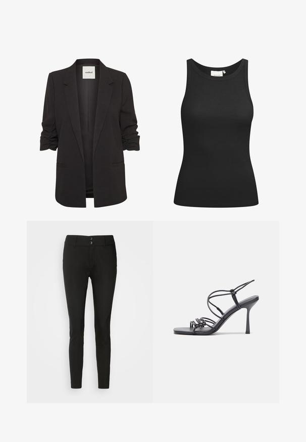 Sort åben-front blazer med rynkede trekvartærmer, notch revers og to forlommer med paspoler, mærket "soaked" indeni kraven.; Sort tanktop lavet af ribbet materiale, med en scooped halsudskæring og en tætsiddende form. Flade sømme og ingen udsmykninger. Enkel og strømlinet design.; Sorte slim-fit bukser lavet af glat stof, med to forknapper og et klassisk liv. Ingen synlige mønstre eller dekorationer.; Sorte højhælede sandaler med tynde stropper og en knyttet design, en glat firkantet tå og en slank stiletto hæl.