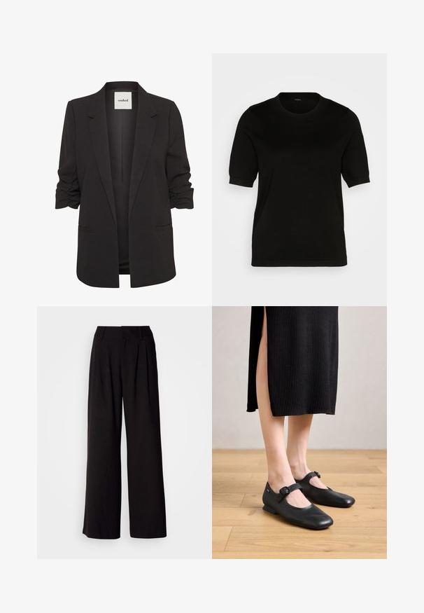 Sort åben-front blazer med rynkede trekvartærmer, notch revers og to forlommer med paspoler, mærket "soaked" indeni kraven.; Sort kortærmet sweater med rund halsudskæring, glat strikstruktur og tætsiddende pasform, der har ribbede manchetter og kant for et rent udtryk.; Sorte bukser med vid benvidde lavet af glat stof, med folder foran, en tætsiddende talje og uden synlige mønstre eller detaljer.; Sorte læder Mary Jane flade sko med en lille hæl, der har en rund tå og en sidelukning. Den strukturerede design forbedrer det visuelle indtryk.