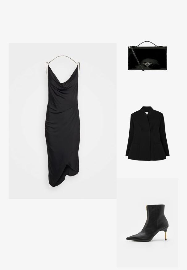 NA-KD SCULPTED - Blazer - black; Et Ochs ILA CHAIN COWL NECK MIDI DRESS - Cocktailkjole / festkjole - black; AllSaints NATASHA - Støvletter - black; Sort lakeret håndtaske med kædesti, der har et dekorativt metalbi-emblem på fronten. Rektangulær form med blank overflade.