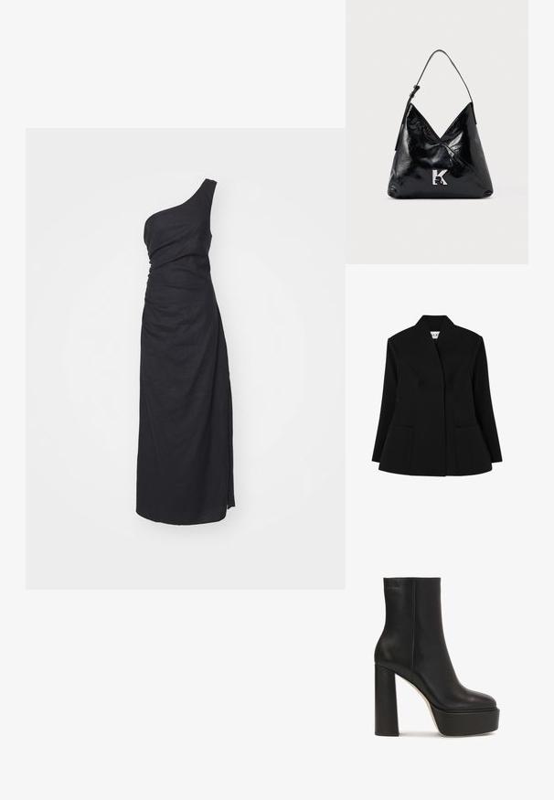 NA-KD SCULPTED - Blazer - black; Sort, en-skulder kjole lavet af linned, med et draperet design og en sideslids, der fremhæver en slank silhuet og glat tekstur.; Kazar Studio AUBREY - Højhælede støvletter - black; Sort skuldertaske i laklæder med en enkelt rem og sølvfarvet "K"-logo foran mod en ensartet lys baggrund.