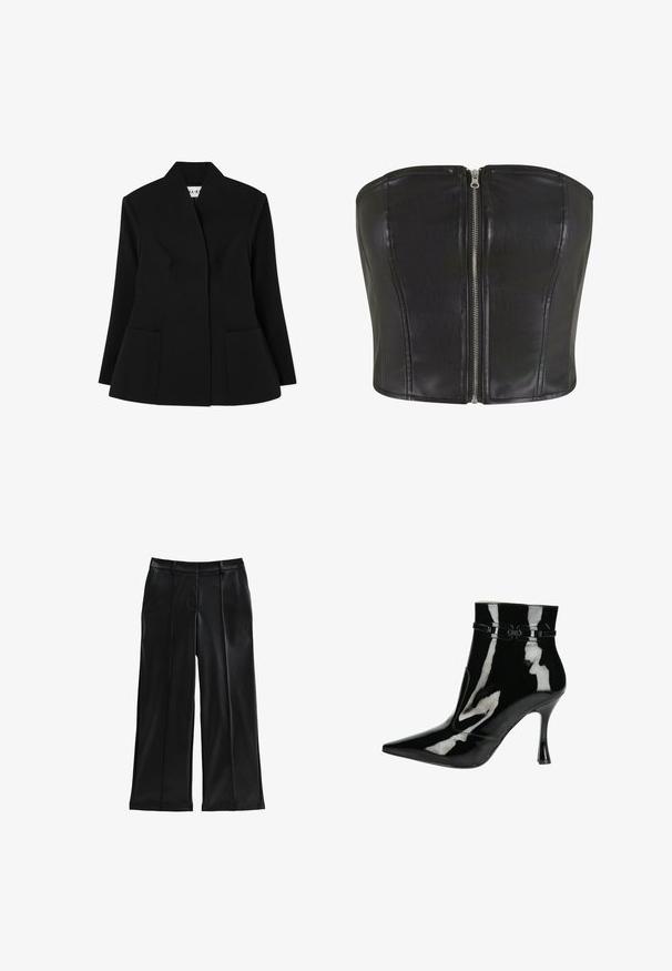 NA-KD SCULPTED - Blazer - black; Top en corset en cuir noir avec une coupe structurée. Comprend une fermeture éclair centrale en argent et des coutures le long du buste. Texture lisse.; Pantalons larges en similicuir noir avec des plis, des poches avant, une texture lisse et une coupe ajustée. Présente une taille mi-haute.; Bottine en cuir verni noir avec bout pointu, finition brillante, design élancé et talon aiguille étroit. Détails accentués par une sangle décorative.