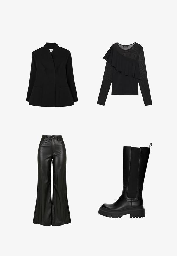 NA-KD SCULPTED - Blazer - black; Sort langærmet top med et struktureret meshstof og en flydende flæse detaljeret over den ene skulder, med rund halsudskæring.; Sorte læderbukser med flared design og en glat tekstur, der har høj talje, knaplukning og forreste lommer. Bred ben design og poleret finish.; Knæhøje, sorte læderstøvler med elastiske sidepaneler, robust gummisål og en kraftig hæl. Glat tekstur med minimale syninger.