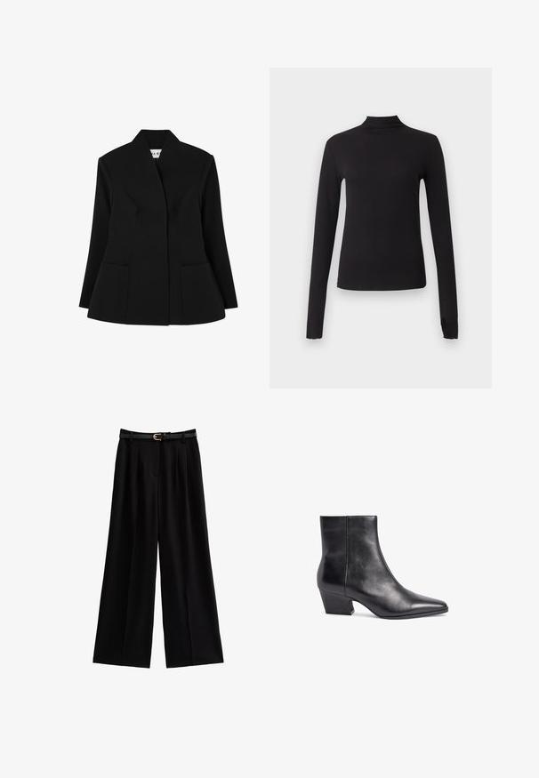 NA-KD SCULPTED - Blazer - black; Haut noir ajusté à manches longues avec col montant, présenté sur un fond gris clair uni.; Pantalon noir à jambes larges en tissu doux, avec de longs plis marqués et une ceinture texturée noire ornée d'une boucle en or.; Bottine en cuir noir avec un bout pointu, un talon moyen et une texture lisse. Elle présente un design minimaliste sans quincaillerie visible.