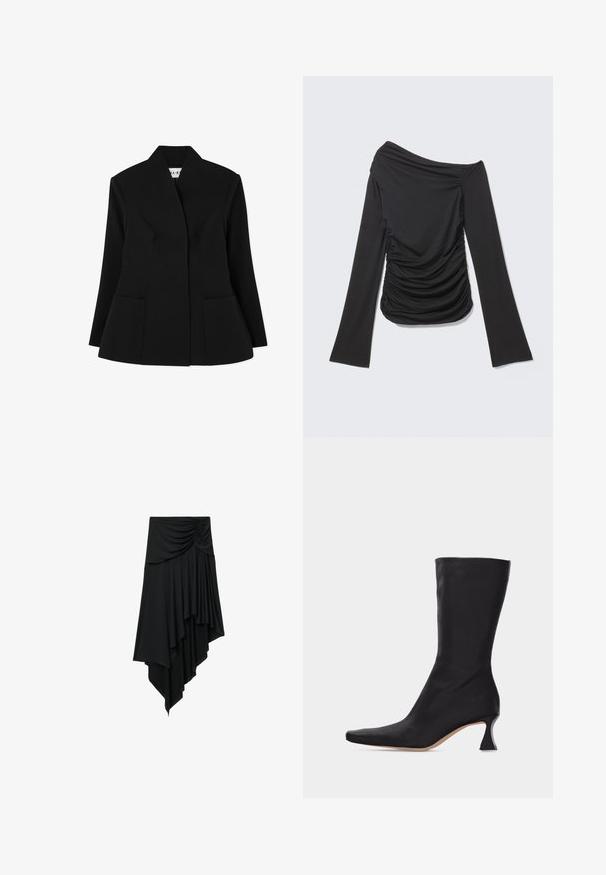 NA-KD SCULPTED - Blazer - black; Sort langærmet top med asymmetrisk off-shoulder halsudskæring og rynkede detaljer på siderne og foran.; Sort asymmetrisk nederdel med rynket detalje ved taljen og lagdelt draperet stof, der skaber en faldende kant.; Sort læderstøvle, der går til midt på læggen, med spids tå og buet lav hæl, mod en ensartet lys baggrund.