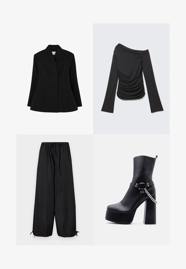 NA-KD SCULPTED - Blazer - black; Zwarte top met lange mouwen, asymmetrische off-shoulder halslijn en geplooide details aan de zijkanten en voorkant.; Zwarte broek met wijde pijpen, elastische tailleband, knoopsluiting en verstelbare trekkoorden aan de zoom, platliggend getoond op een witte achtergrond.; Zwarte enkellaars met plateauzool, hoge blokhak, zilveren ketting en riemdetail op een effen lichte achtergrond.