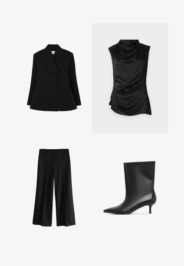 NA-KD SCULPTED - Blazer - black; Sort ærmeløs top i glat stof, der har en draperet cowl-neck, asymmetrisk kant og subtile samlingsdetaljer på siden.; Sorte brede bukser med en glat stofkvalitet, der har høj talje, folder og et skrædder-agtigt design. Ingen synligt hardware eller mønstre.; Sorte læder ankelstøvler med en glat finish, spids tå og en lav kitten hæl. Enkel design uden yderligere udsmykninger.
