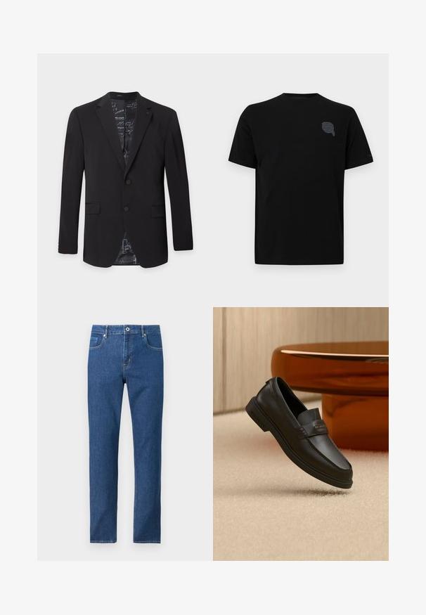 Blazer noir pour homme à deux boutons, avec revers crantés, poches à rabat et doublure intérieure à motif visible au col et en bas.; T-shirt en coton noir à manches courtes, avec un design graphique gris subtil sur la partie gauche de la poitrine. Texture lisse, col ras du cou.; Jean denim bleu à jambes droites avec fermeture par bouton et zip à l'avant, poches avant et arrière, présenté sur un fond blanc uni.; Chaussure noire en cuir à enfiler avec des accents cousus, un col relevé et une semelle en caoutchouc plate, positionnée au-dessus d'une surface beige douce.