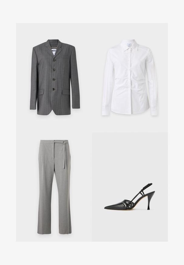 Grå nålestribet blazer med spids revers, fem-knaps lukning, to frontlommer og et mærke synligt indeni. Stoffet ser struktureret ud.; Hvid skjorte med lange ærmer, knapper og krave, let krøllet stof og et synligt mærkeindvendigt i kraven.; Grå skræddersyede bukser med lige ben, flad front og et stofbælte med en sølvfarvet D-ring spænde ved taljen.; Sort læder højhælede slingback-sko med spids tå, crisscross-remdesign og slank stiletto-hæl. Glat tekstur og minimale accenter.
