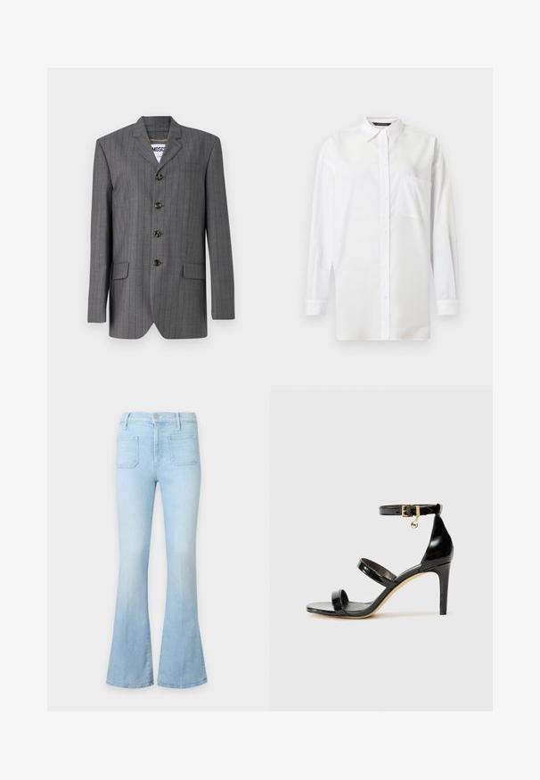 Grå nålestribet blazer med spids revers, fem-knaps lukning, to frontlommer og et mærke synligt indeni. Stoffet ser struktureret ud.; Hvid skjorte med knapper, krave, lange ærmer og en enkelt brystlomme. Fremstillet af glat stof med et ensfarvet design.; Lyseblå cowboybukser med høj talje, forlommer med lapper og flared ben på en neutral baggrund.; Sorte patenterede lædersandaler med tre stropper, ankelspænde og 10 cm stiletthæl. Har detaljer i guld og et logo charms.