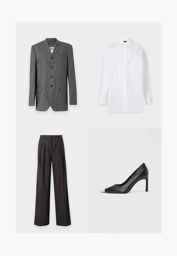 Grå nålestribet blazer med spids revers, fem-knaps lukning, to frontlommer og et mærke synligt indeni. Stoffet ser struktureret ud.; Langærmet hvid skjorte med knapper, spids krave og knapmanchetter, vist på en ensartet lys baggrund.; Bredde ben bukser i mørkegrå stof, med frontfolder, en glat tekstur, en mellemhøj talje og bæltestropper.; Sort læder højhælet sko med spids tå og metal-sølv hætte. Har en glat finish og en slank hæl på 10 cm.