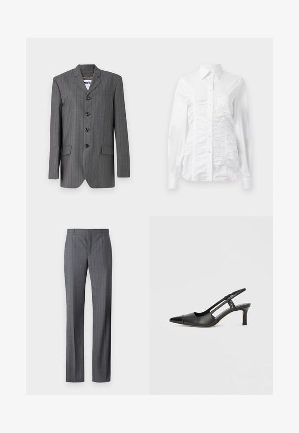 Grå nålestribet blazer med spids revers, fem-knaps lukning, to frontlommer og et mærke synligt indeni. Stoffet ser struktureret ud.; Hvid skjorte med lange ærmer, der har en rynket tekstur på fronten, små gyldne knapper og en klassisk krave.; Grå stikstribede bukser lavet af glat stof, med lige ben design, flad front og uden synlige lommer eller pynt.; Sort læder slingback-sko med spids tå, der har en blank accent på tåhætten og en mellemhøj hæl. Åben sidesektion.
