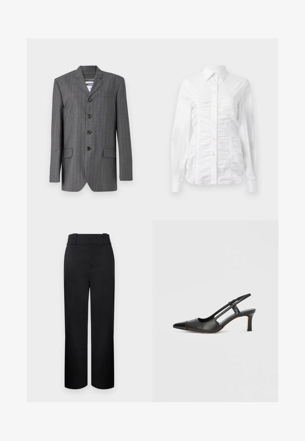 Grå nålestribet blazer med spids revers, fem-knaps lukning, to frontlommer og et mærke synligt indeni. Stoffet ser struktureret ud.; Hvid skjorte med lange ærmer, der har en rynket tekstur på fronten, små gyldne knapper og en klassisk krave.; Sorte højtaljede bukser med lige ben, brede bæltestropper og skjult forlukning foran på en lys baggrund.; Sort læder slingback-sko med spids tå, der har en blank accent på tåhætten og en mellemhøj hæl. Åben sidesektion.