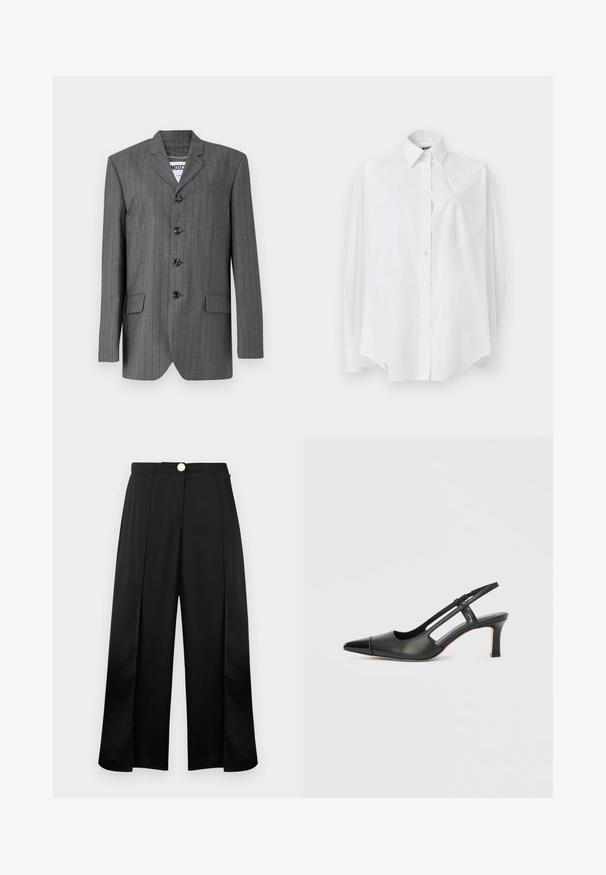 Grå nålestribet blazer med spids revers, fem-knaps lukning, to frontlommer og et mærke synligt indeni. Stoffet ser struktureret ud.; Hvid langærmet skjorte i letvævet stof med klassisk krave, knaplukning og hjerteformet lomme på venstre side.; Sorte bukser med vide ben, højtaljede, forreste plisseringer, sideslids og lukning med gylden knap.; Sort læder slingback-sko med spids tå, der har en blank accent på tåhætten og en mellemhøj hæl. Åben sidesektion.