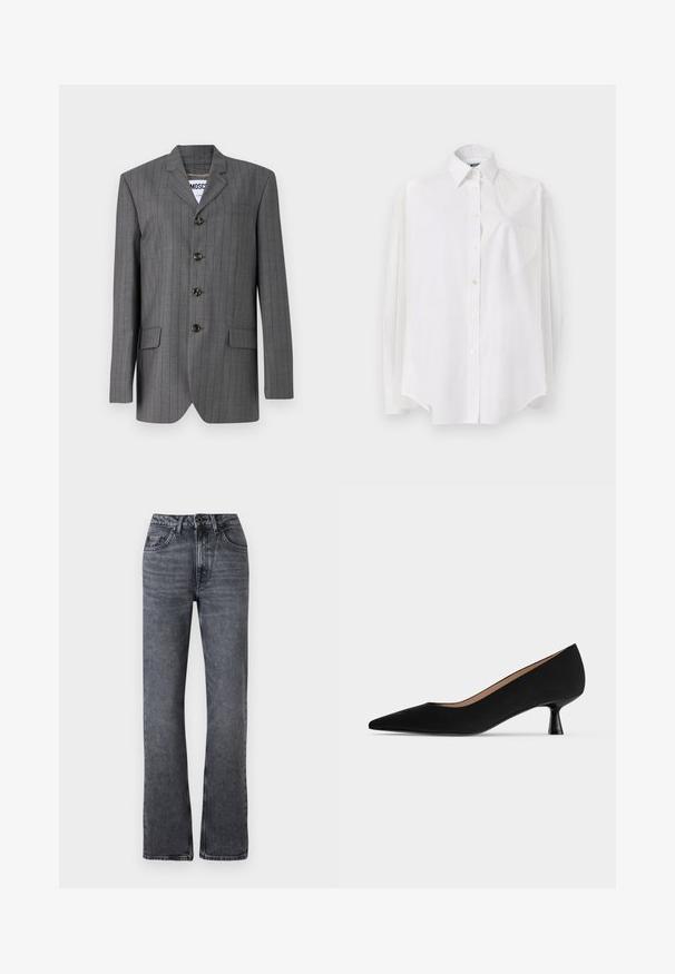 Grå nålestribet blazer med spids revers, fem-knaps lukning, to frontlommer og et mærke synligt indeni. Stoffet ser struktureret ud.; Hvid langærmet skjorte i letvævet stof med klassisk krave, knaplukning og hjerteformet lomme på venstre side.; Højtaljede, lige bukser i mørkegråt denim med foran knap, lynlås og fem-lomme design, vist på en hvid baggrund.; Sort damesko med lav hæl, spids snude, slank, udvidet kittenhælkappe og glat mat finish set fra siden.