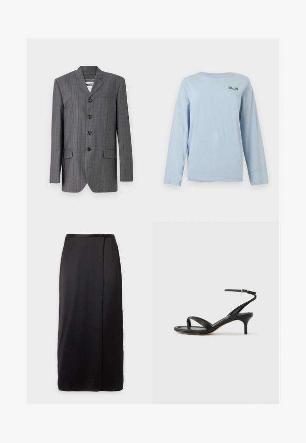 Grå nålestribet blazer med spids revers, fem-knaps lukning, to frontlommer og et mærke synligt indeni. Stoffet ser struktureret ud.; Lyseblå langærmet t-shirt med rund hals og lille sort tekst "BAUM UND PFERDGARTEN" på øverste venstre bryst.; Sort midi-nederdel med ren, lige skæring og subtil side overlap detalje på en glat stofbaggrund.; Sort damesandal i læder med tynde remme, en tå-loop, ankelspænde og en mellemhøj stiletthæl på en neutral baggrund.