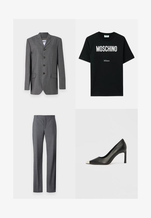 Grå nålestribet blazer med spids revers, fem-knaps lukning, to frontlommer og et mærke synligt indeni. Stoffet ser struktureret ud.; Sort bomulds T-shirt med en fed hvid "MOSCHINO" logo øverst og "Milano" nedenunder, med korte ærmer og rund halsudskæring.; Grå stikstribede bukser lavet af glat stof, med lige ben design, flad front og uden synlige lommer eller pynt.; Sort læder højhælet sko med spids tå og metal-sølv hætte. Har en glat finish og en slank hæl på 10 cm.