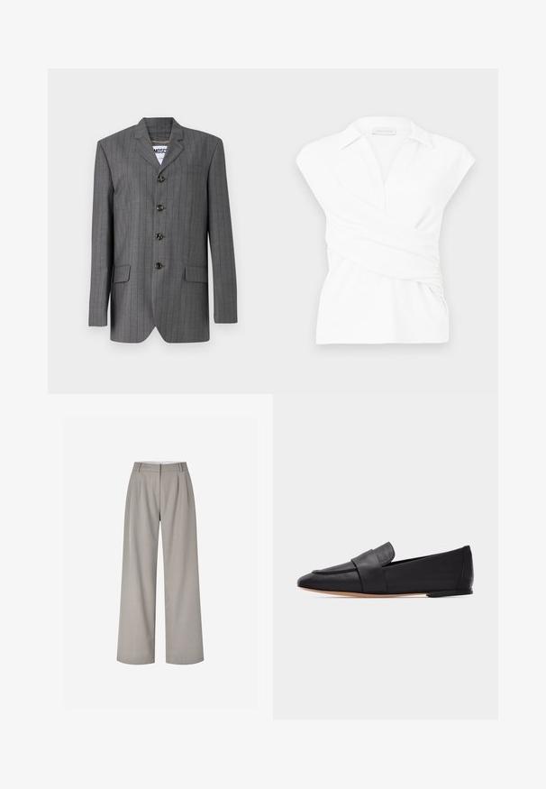 Grå nålestribet blazer med spids revers, fem-knaps lukning, to frontlommer og et mærke synligt indeni. Stoffet ser struktureret ud.; Hvid ærmeløs bluse med krave og V-hals samt foran med slå-om detalje, let opsamlet på den ene side.; Bukser med vide ben i lysegråt stof med skræddersyet design, der har forreste plisseringer, talje i midten og ingen synlige pynt.; Sort læderflad loafer med spids tå, bred rem over fronten og lys brun sål, vist i profil på hvid baggrund.