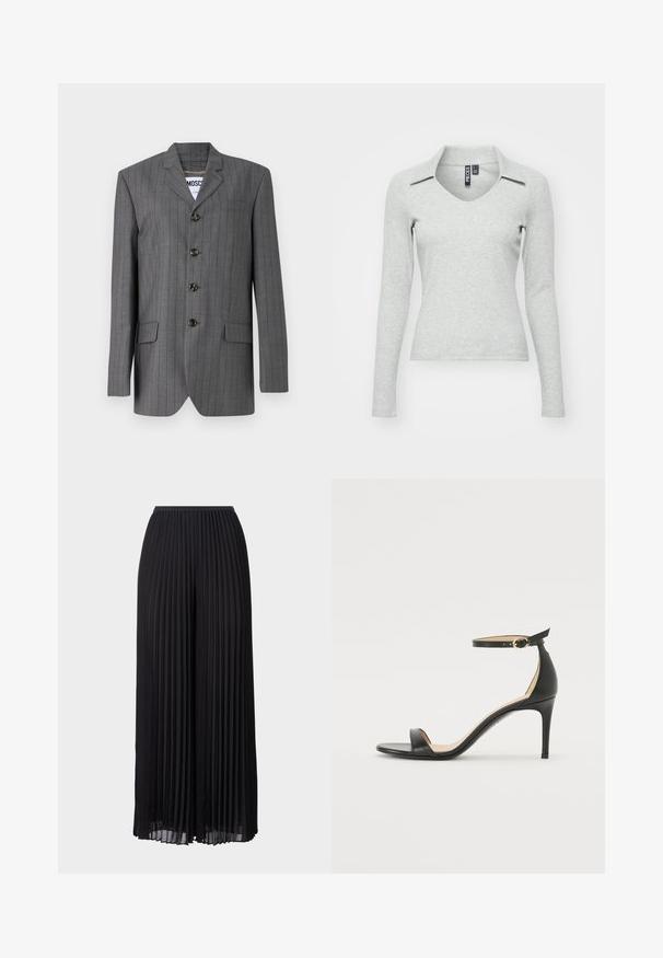Grå nålestribet blazer med spids revers, fem-knaps lukning, to frontlommer og et mærke synligt indeni. Stoffet ser struktureret ud.; Lys grå langærmet V-hals bluse med krave, lavet af blødt, struktureret stof, der har en tætsiddende pasform og minimal detaljer.; Sorte plisserede bukser med vide ben og elastisk talje. Lavet af letvægtsstof med lodrette folder over hele. ; Sort læder højhælede sandaler med ankelrem. Har en glat tekstur, åben tå og en tynd hæl. Guldtonet spænde detalje.