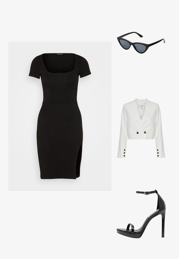 Blazer blanco cortado con un frente cruzado, que presenta botones marrones, solapas con muesca y mangas largas. Textura de tela suave.; Even&Odd Vestido ligero - black; Steve Madden MILANO - Sandalias de tacón - black; Gafas de sol negras en forma de ojo de gato con lentes gris oscuro, marco de plástico elegante, esquinas puntiagudas y patillas rectas. Sin herrajes ni acentos visibles.