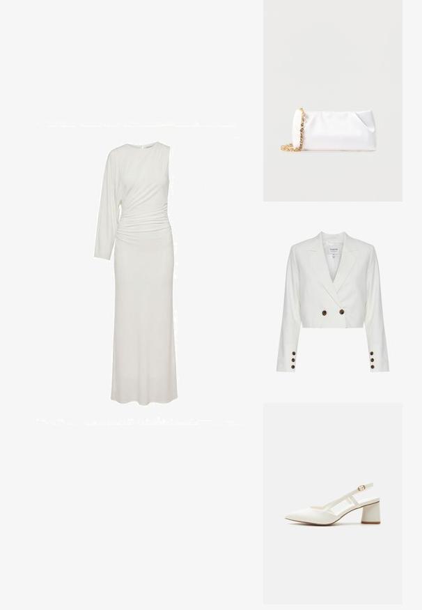 Geknipte witte blazer met een dubbele rij knopen aan de voorkant, voorzien van bruine knopen, metgeschulpte revers en lange mouwen. Glad textuur van de stof.; Lange witte jurk met één lange mouw, één mouwloze zijde, gerimpelde taille en een ronde halslijn.; Witte slingback met lage blokhak, puntige neus, dun verstelbaar bandje en gouden gesp op een effen achtergrond.; Witte zachte clutchtas met goudkleurige kettingriem versierd met heldere edelstenen, geplaatst tegen een effen lichtgrijze achtergrond.