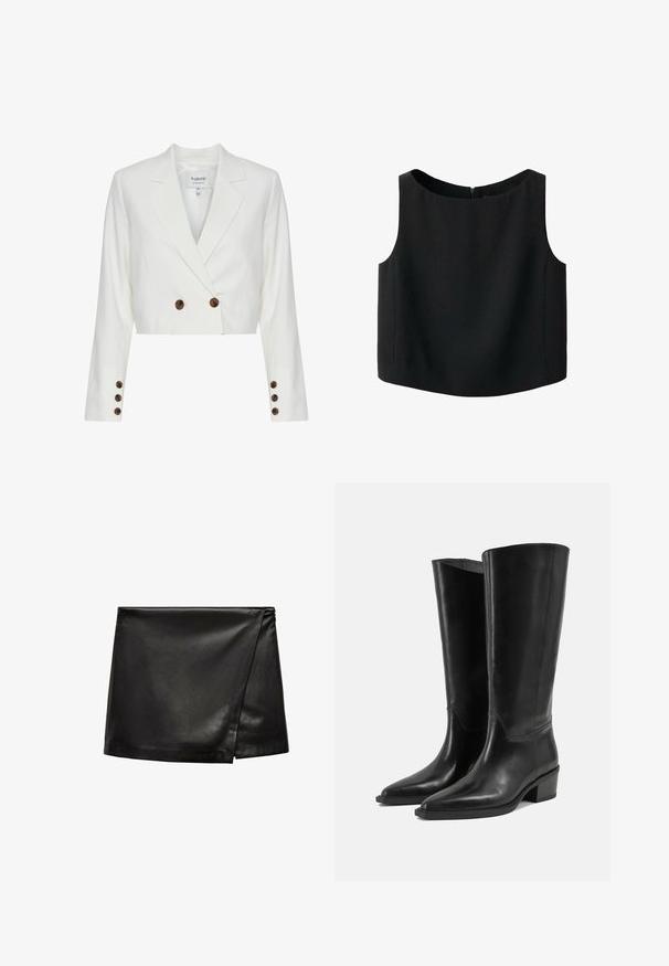 Geknipte witte blazer met een dubbele rij knopen aan de voorkant, voorzien van bruine knopen, metgeschulpte revers en lange mouwen. Glad textuur van de stof.; Zwart mouwloos topje met een ronde halslijn en een gladde stoftextuur. Voorzien van een onopvallende ritssluiting aan de achterkant en een rechte zoom.; Zwarte leren mini-jurk met een wikkelontwerp, voorzien van een gladde textuur en minimalistische stijl. Geen zichtbare hardware of patronen.; Een paar hoge zwarte leren laarzen met lage blokhakken en puntige neuzen op een effen lichte achtergrond.
