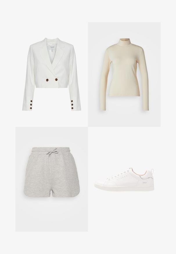 Beskaaret hvid blazer med en dobbeltknaplukning, prydet med brune knapper, spidse klaperrær og lange ærmer. Glat stofstruktur.; Cremefarvet langærmet turtleneck top lavet af glat, strækbart stof; tætsiddende design med høj hals og ingen synlige mønstre eller detaljer.; Even&Odd Shorts - mottled light grey; Hvide lædersneakers med rund tå, seks snørehuller, perforerede detaljer, subtile plastdetaljer og en struktureret gummisål.