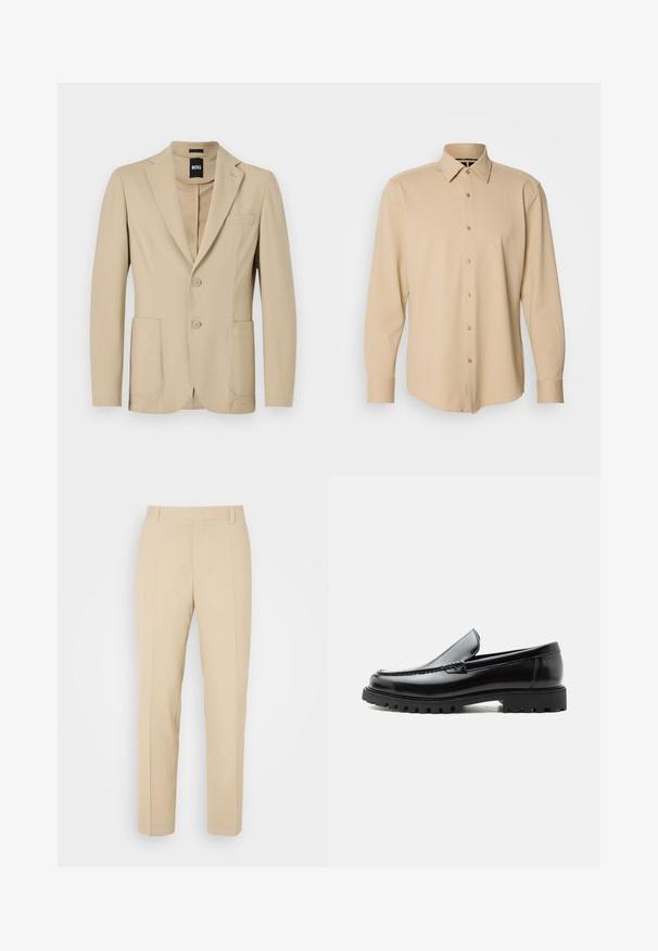 Beige Blazer aus strukturiertem Stoff. Verfügt über einen Reverskragen, zwei Knöpfe, eine Brusttasche und zwei aufgesetzte Taschen vorne.; Beige Langarmhemd aus strukturiertem Stoff mit kariertem Muster, mit Knopfleiste und Manschetten, taillierte Passform.; Beige maßgeschneiderte Hosen mit geradem Bein, aus leichtem Stoff, mit zwei vorderen Taschen und ordentlich gebügelten Falten.; Schwarzer Lederloafer mit grober Gummisohle, genähter Oberseite und geprägtem Markennamen an der Ferse, seitlich auf weißem Hintergrund gezeigt.