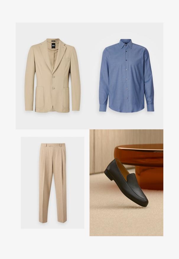 Beige blazer med struktureret stof. Har en notch lapel, to knapper, en brystlomme og to forreste påsydede lommer.; Lyseblå skjorte med knaplukning, almindelig krave, lange ærmer og lille, struktureret mønster. Har brune knapper langs fronten.; Beige skræddersyede bukser med frontplisser, bæltestropper og lige ben, vist mod en ensartet lys baggrund.; Sort læder loafer sko, der hviler på beige tæppe med et blankt brunt rundt bord i baggrunden.