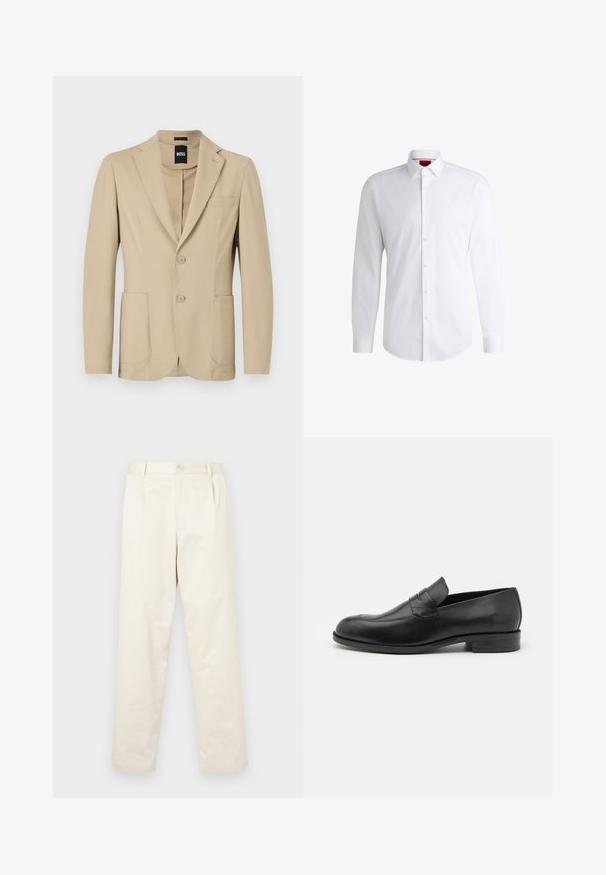 Beige Blazer aus strukturiertem Stoff. Verfügt über einen Reverskragen, zwei Knöpfe, eine Brusttasche und zwei aufgesetzte Taschen vorne.; Weißes Herrenhemd aus glattem Stoff mit klassischem Kragen, langen Ärmeln und abgerundetem Saum. Mit eleganten beigen Knöpfen an der Vorderseite.; Helle beige Baumwoll-Chinos mit geradem Bein, ausgestattet mit einem Knopfverschluss und zwei seitlichen Taschen. Glatte Textur ohne sichtbare Muster.; Schwarze Leder-Lenkradschuhe mit abgerundeter Zehenpartie und subtilen Nähdetails. Glatte Textur und niedriger Absatz mit Branding auf der Rückseite.
