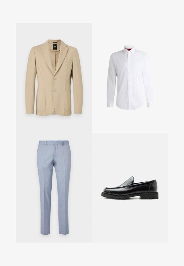 Beige blazer med struktureret stof. Har en notch lapel, to knapper, en brystlomme og to forreste påsydede lommer.; Hvid skjorte med knapper lavet af glat stof med klassisk krave, lange ærmer og rundet kant. Har beige knapper foran.; Lyseblå skræddersyede bukser med en glat stofoverflade, der har en flad front, to forlommer og et slim fit design.; Sort læderloafer med chunky gummisål, syet overdel og præget mærkenavn på hælen, vist i sideprofil på hvid baggrund.