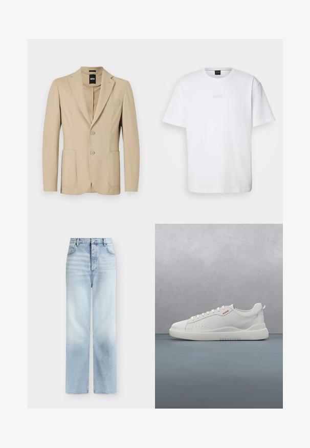 Beige blazer med struktureret stof. Har en notch lapel, to knapper, en brystlomme og to forreste påsydede lommer.; Hvid bomulds T-shirt med korte ærmer, rund halsudskæring og præget "BOSS" logo på brystet. Glat tekstur, standard pasform.; Lyseblå, højtaljede jeans med rette ben, forlommer, bæltestropper og knaplukning.; Hvide sneakers med en glat læderfinish, rund tå, fire snørehuller, subtile perforeringer og en rød logo detalje på siden.