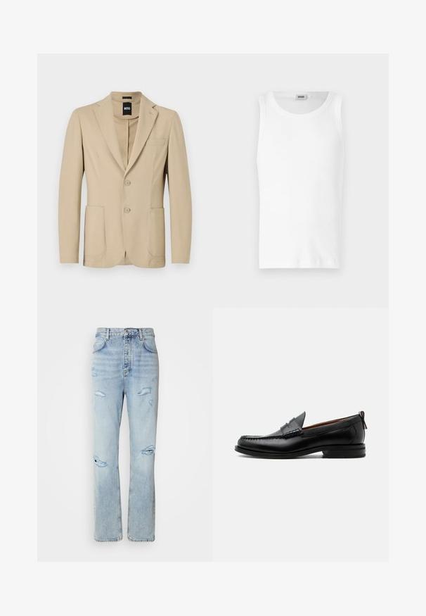 Beige Blazer aus strukturiertem Stoff. Verfügt über einen Reverskragen, zwei Knöpfe, eine Brusttasche und zwei aufgesetzte Taschen vorne.; Weißes Baumwoll-Tanktop ohne Ärmel mit Rundhalsausschnitt und glatter Textur. Einfaches Design, ohne Muster oder Akzente.; Hellblaue Jeans mit legerer Passform, featuring distressed Stellen und fransigen Kanten. Der Stoff hat eine weiche, glatte Textur.; Schwarzer Leder-Herrenschuh mit Mokassinnaht, Penny-Riemen, strukturiertem Kragen und niedrigem gestapeltem Absatz auf weißem Hintergrund.