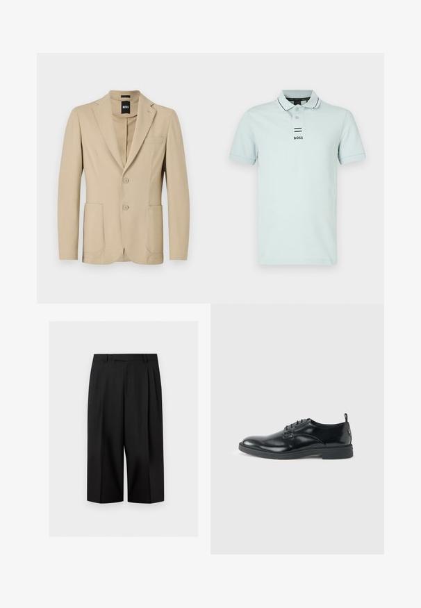 Blazer beige con un tejido texturizado. Presenta solapa de pico, dos botones, un bolsillo en el pecho y dos bolsillos frontales de parche.; Polo azul claro de algodón, con cuello acanalado, mangas cortas y logo negro con dos rayas horizontales debajo.; Pantalones negros de corte ancho y cropped con trabillas y pliegues delanteros, mostrados sobre un fondo liso y claro.; Zapato de vestir negro de cuero brillante con tacón bajo, cierre de cordones y puntera redonda, mostrado de lado sobre un fondo claro y liso.