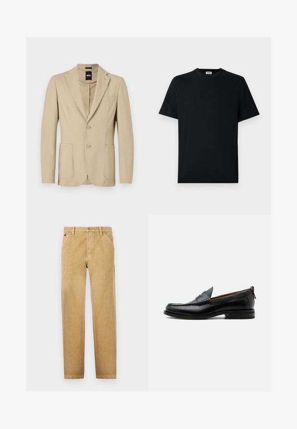 Beige Blazer aus strukturiertem Stoff. Verfügt über einen Reverskragen, zwei Knöpfe, eine Brusttasche und zwei aufgesetzte Taschen vorne.; Schwarzes T-Shirt mit kurzem Arm und Rundhalsausschnitt, flach auf einem weißen Hintergrund liegend, mit einem kleinen Markenlabel im Kragen.; Beige Chinos mit geradem Bein, aus weichem Stoff gefertigt. Verfügt über Fronttaschen, einen Knopfverschluss und dezente Nähte.; Schwarzer Leder-Herrenschuh mit Mokassinnaht, Penny-Riemen, strukturiertem Kragen und niedrigem gestapeltem Absatz auf weißem Hintergrund.