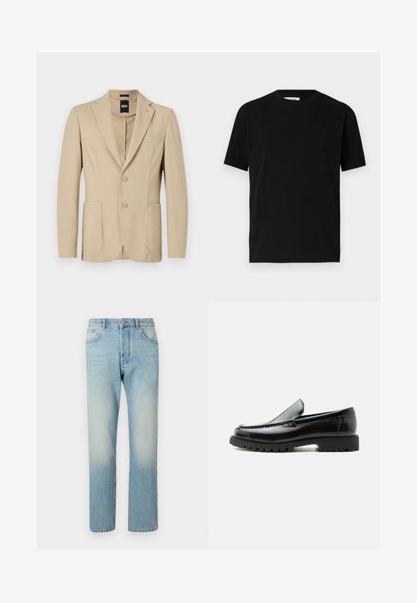 Beige Blazer aus strukturiertem Stoff. Verfügt über einen Reverskragen, zwei Knöpfe, eine Brusttasche und zwei aufgesetzte Taschen vorne.; Schwarzes kurzärmliges T-Shirt aus Baumwolle mit Rundhalsausschnitt und lockerer Passform. Sanfte Textur, keine Muster oder sichtbaren Logos.; Helle blaue Jeans aus Denim mit geradem Bein, fünf Taschen und einem ausgewaschenen Effekt an den Oberschenkeln.; Schwarzer Lederloafer mit grober Gummisohle, genähter Oberseite und geprägtem Markennamen an der Ferse, seitlich auf weißem Hintergrund gezeigt.