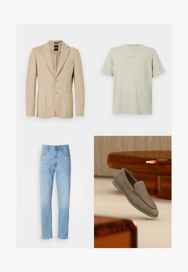 Blazer beige con un tejido texturizado. Presenta solapa de pico, dos botones, un bolsillo en el pecho y dos bolsillos frontales de parche.; Camiseta de algodón verde clara con cuello redondo, mangas cortas y un pequeño logo de Calvin Klein en una tonalidad más oscura impreso en el pecho.; Jeans de mezclilla azul claro con un corte recto, cinco bolsillos y trabillas para cinturón. La tela presenta una textura suave con un ligero efecto de desvanecimiento.; Mocasín beige de ante sin cordones con costuras visibles y suela clara, posicionado sobre una alfombra color crema, con un mueble translúcido naranja en el fondo.