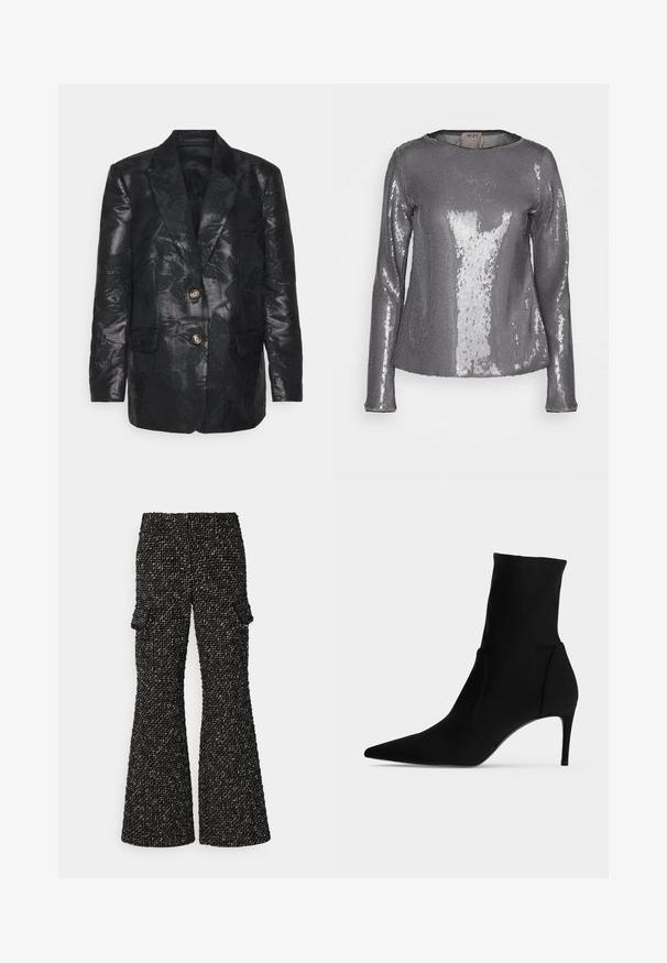 Veste noire avec un motif floral en jacquard, deux boutons dorés, col à revers et deux poches avant, texture lisse avec une finition brillante.; N°21 T-shirt à manches longues - grigio; Pantalons évasés en tweed noir et blanc avec une finition texturée, dotés de deux poches latérales pour plus de praticité et d'une taille ajustée.; Bottine noire à bout pointu et talon haut et fin, présentée de profil sur fond clair. Design épuré et minimaliste.