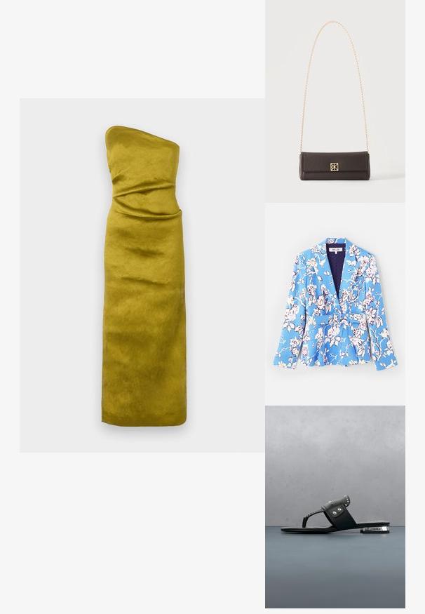Blazer med blomsterdesign i blå, med bælte i taljen, klapkrave, lange ærmer og foret inderside med quiltet struktur.; Stropfri, tætsiddende kjole i sennepsgul med et glat, let tekstureret stof. Har diskrete draperinger for formdefinition.; Sort lædersandal med sølvnitter og "Karl Lagerfeld"-logo, placeret på trætæpper og grus udendørs.; Rektangulær mørkebrun læderhåndtaske med guldkæde-rem og en lille firkantet guldlås midtfor.