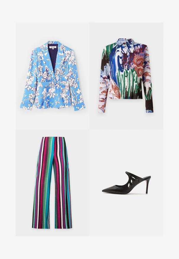 Blazer med blomsterdesign i blå, med bælte i taljen, klapkrave, lange ærmer og foret inderside med quiltet struktur.; Henrik Vibskov SLOPE - Skjortebluser - multi coloured; Bukser med høj talje, vide ben og lodrette striber i pink, grøn, blå, sort og hvid på en ensfarvet baggrund.; Sorte læder højhælede mules med spids tå, udskåret sideskærm og glat tekstur. Stiletthæl og subtil syning.