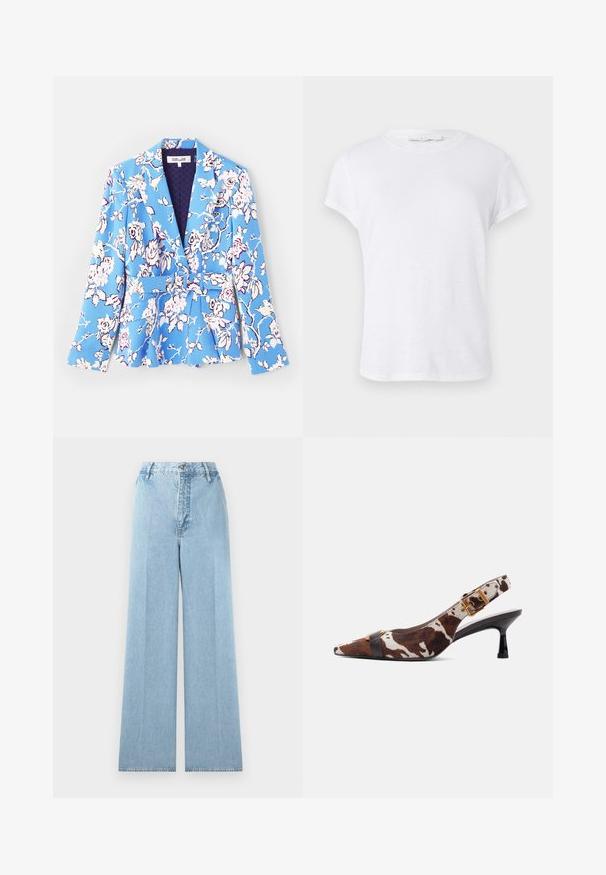 Blazer med blomsterdesign i blå, med bælte i taljen, klapkrave, lange ærmer og foret inderside med quiltet struktur.; Hvid kortærmet t-shirt med rund halsudskæring, lavet af letvægtsstof, med et simpelt og rent design uden udsmykninger.; Lyseblå bredbenede jeans lavet af denim med høj talje, som har fem bæltestropper, en frontknaplukning og stikninger.; Slingback kitten heel-sko med brun og hvid ko-print, spids tå, sort rem foran og gulddetalje med spænde på ankelrem.
